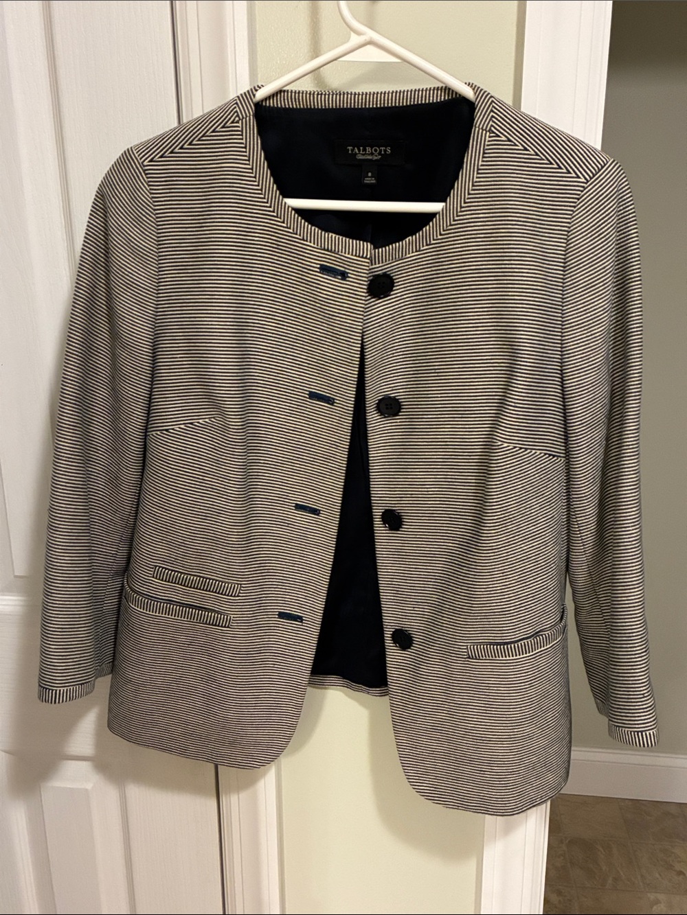 Talbots Navy and White Striped Collarless Blazer